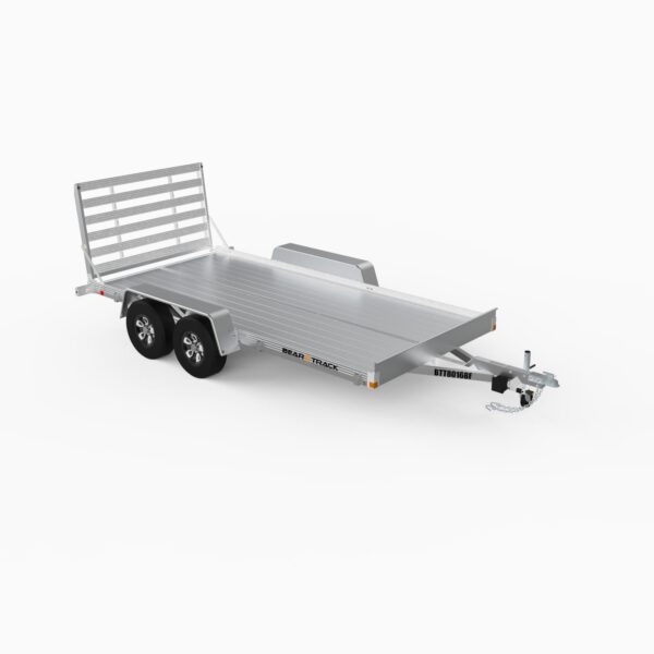 A tandem axle, all aluminum utility trailer with a straight ramp on the back.