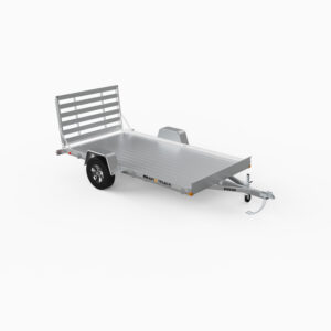 A single axle, 76" x 12' all aluminum utility trailer with a straight ramp.