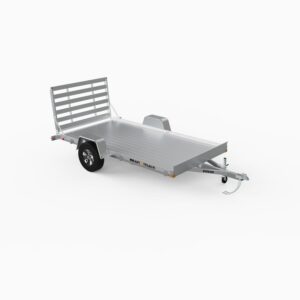 A small, single axle, all aluminum trailer with a straight ramp.