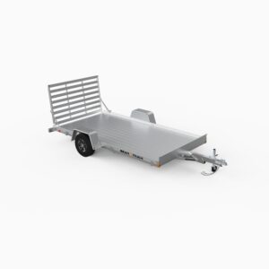 A single axle, all aluminum utility with a straight ramp on the back.