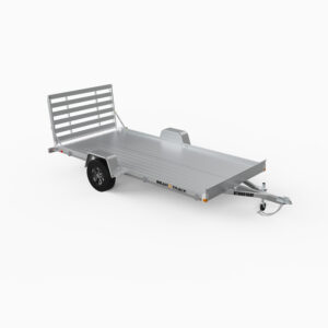 A single axle, 80" x 14', all aluminum utility trailer with a straight ramp.