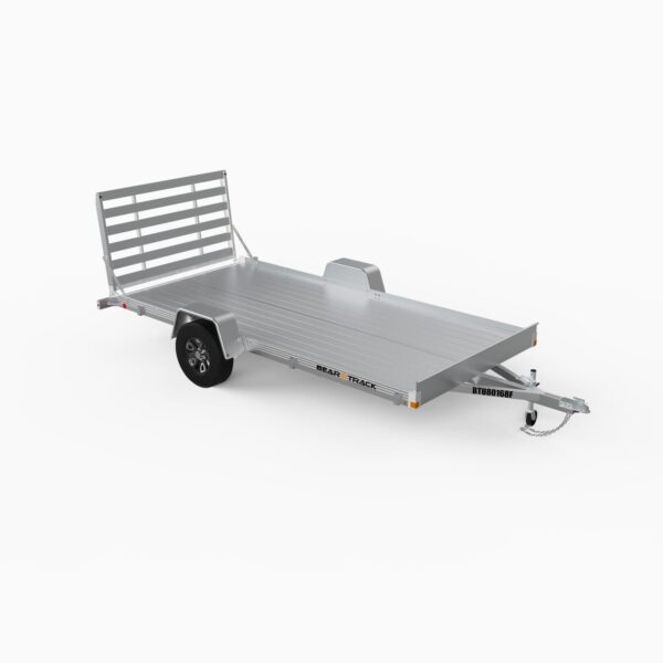 A single axle, all aluminum utility trailer with a straight ramp on the back.