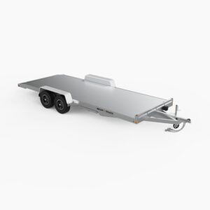 An all aluminum, tandem axle beaver tail trailer.