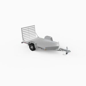 A small, open, all aluminum trailer with a straight ramp on the back and a v front.