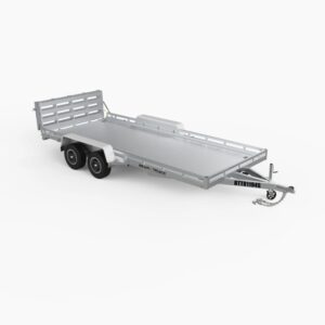 A larger, tandem axle, all aluminum trailer with a bifold ramp.