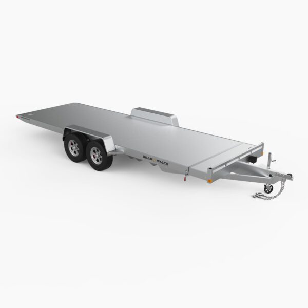 An all aluminum tilt car hauler trailer with tandem axle.