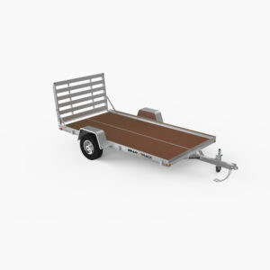 A single axle, 76" x 12' aluminum framed trailer with a wood deck and aluminum straight ramp.