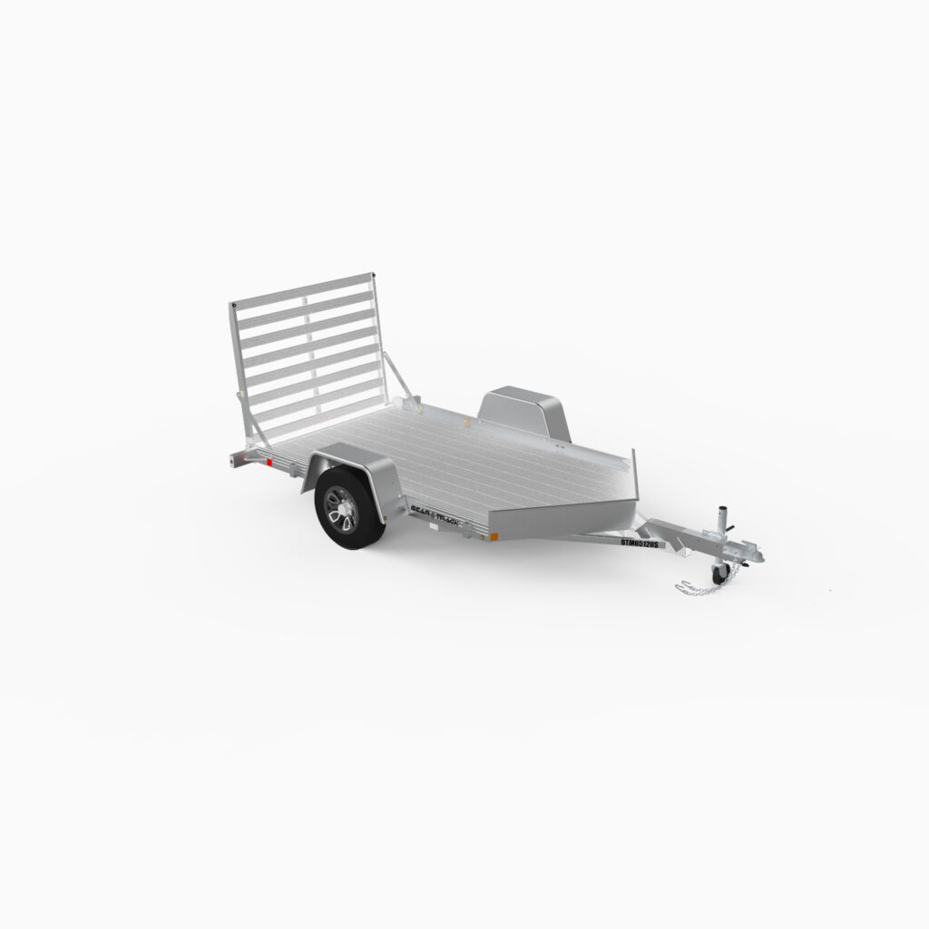 A single axle, 65" x 10' all aluminum motorcycle trailer with a v front and a straight back ramp.