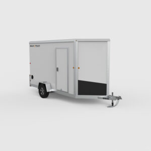 A single axle white enclosed trailer.