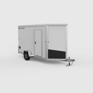 A white, enclosed, single axle trailer with a door on the side and a black rock guard on the front.