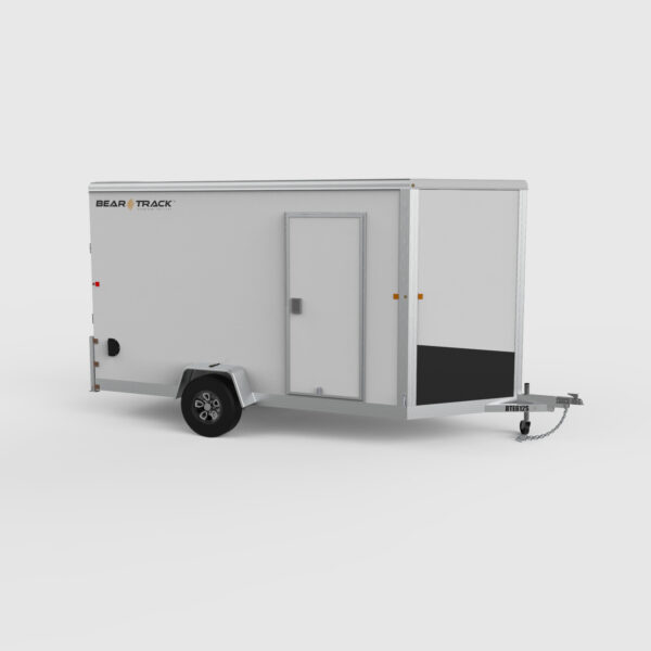 A single axle white enclosed trailer with a passenger door.