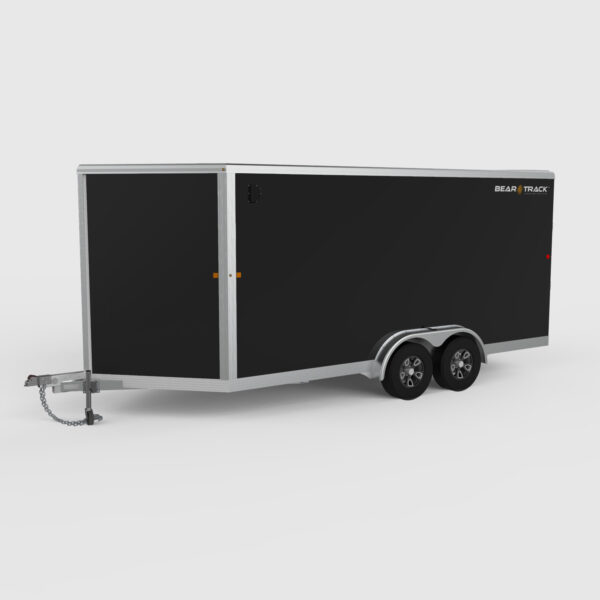 A tandem axle black enclosed trailer.