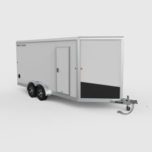 A white, tandem axle, enclosed trailer with a black front rock guard.